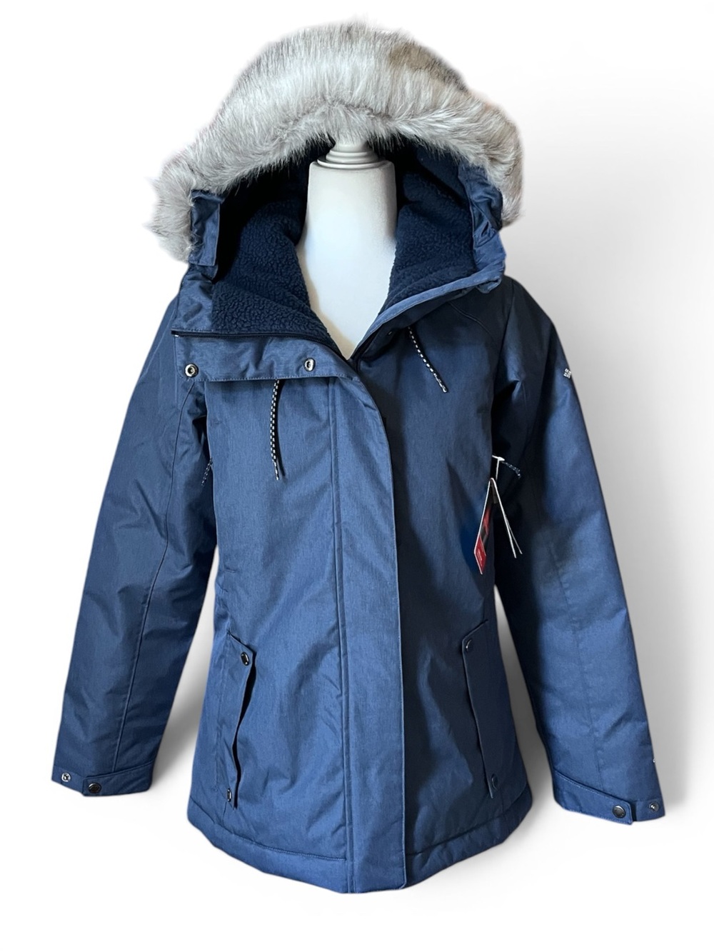 Columbia Suttle Mountain III Insulated Jacket Navy Size Small NWT Faux Fur Trim